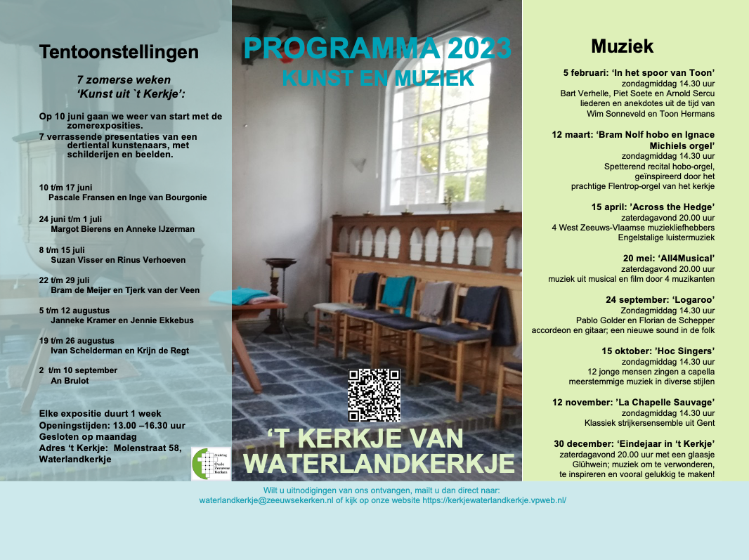 Programma kunst en muziek voor 2023 in het Kerkje van Waterlandkerkje. 